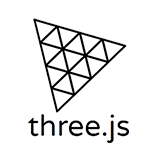 Logo Three.js : une représentation de l'emblème bleu et blanc avec le mot 'Three' suivi d'un point rouge, qui est la marque de commerce de Three.js, une bibliothèque JavaScript 3D pour la création de graphiques et d'animations sur le web.